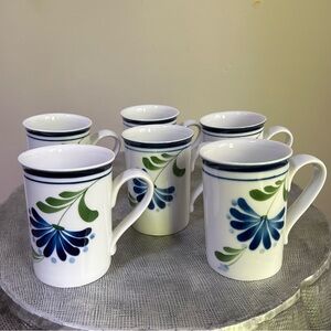 Dansk ~ Set of 6 (six) Hand Painted Floral Sage Song Mugs Coffee Cups